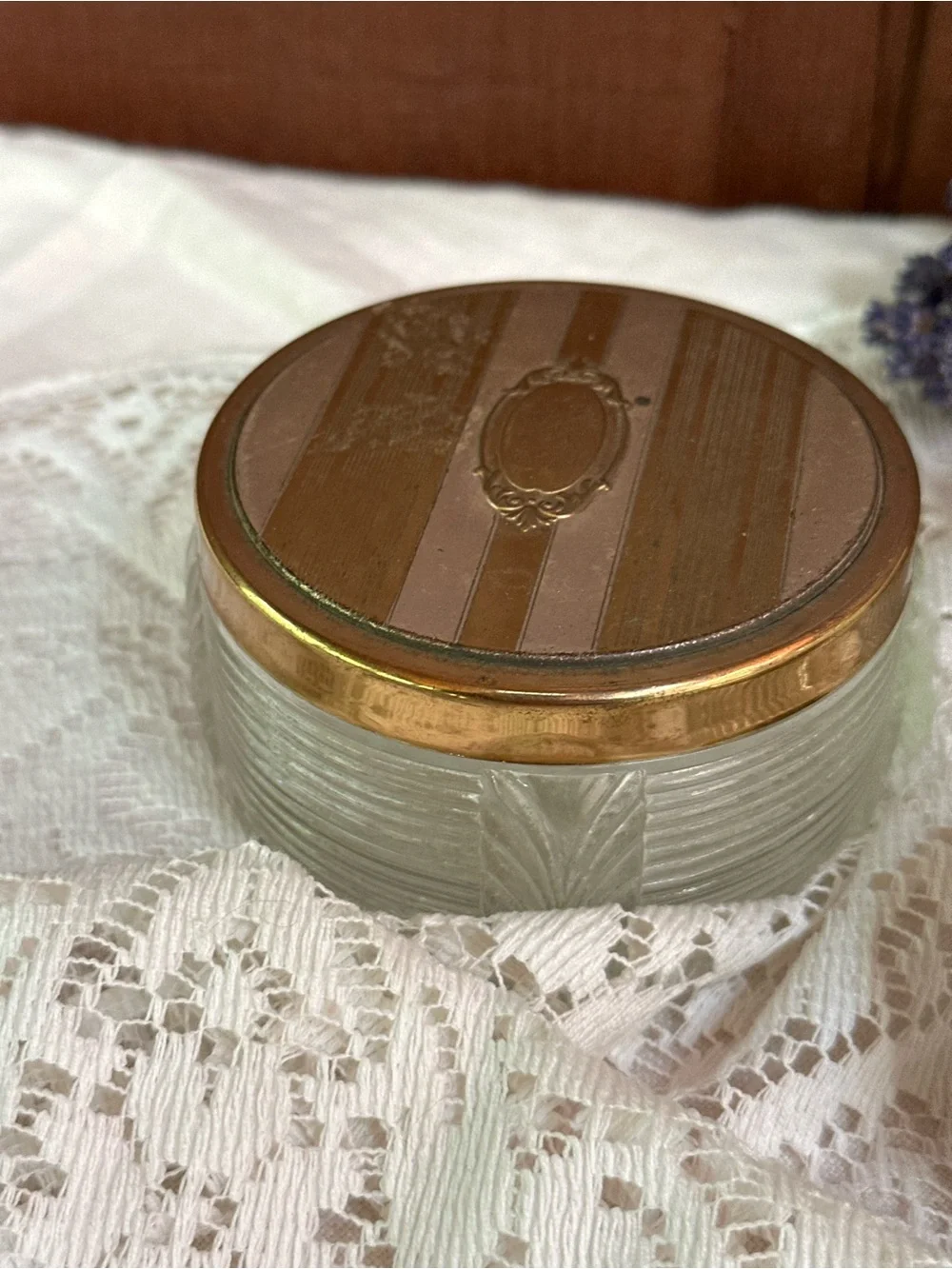 3-Piece Ribbed Clear Glass Vanity Powder Jar Set w/ Gold Tone Metal Lids